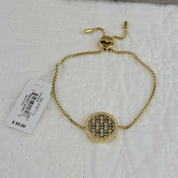 Michael Kors monogram logo circle pave cuban chain yellow gold slider bracelet - Picture 2 of 7
